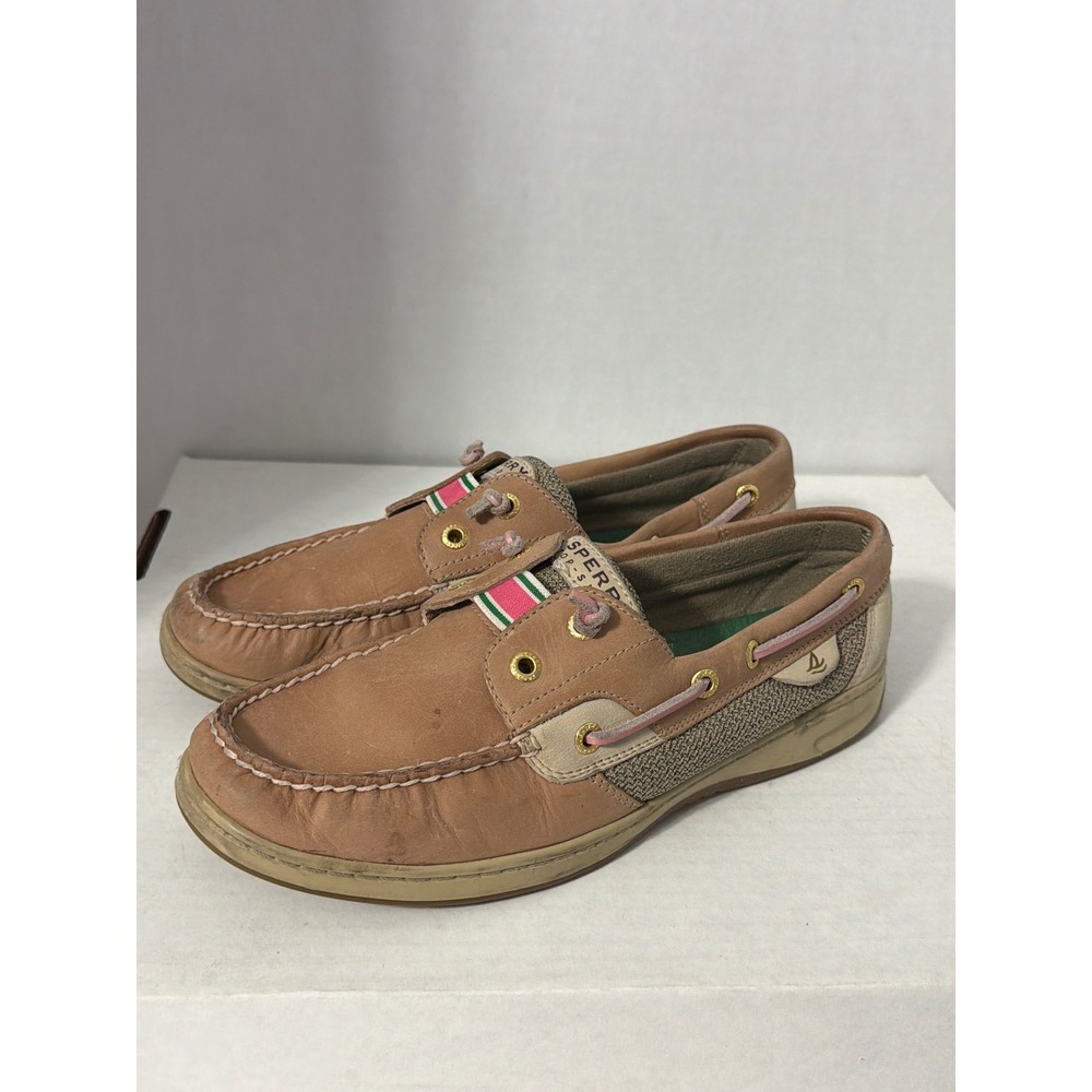 Sperry Top-Sider Angfish Tan Leather Mesh Boat Shoes Pink Green Stripe 8.5M - Picture 2 of 9